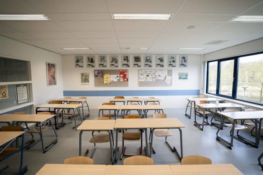 An empty high school classroom.