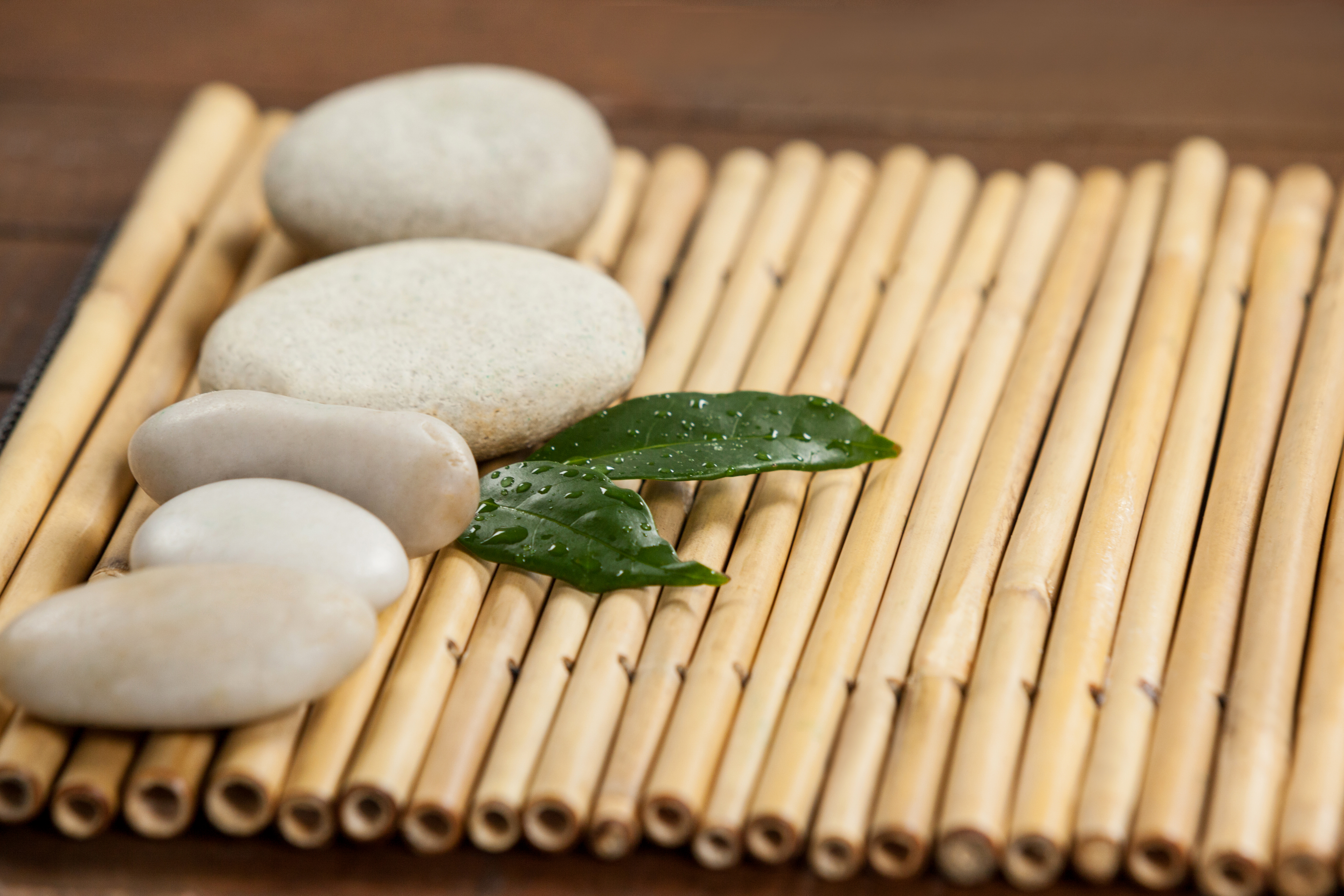 rocks arranged atop a bamboo mat